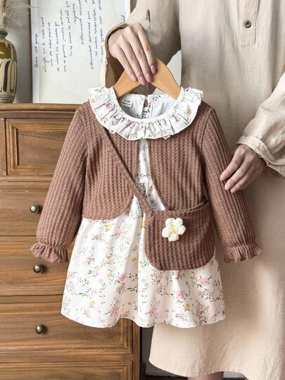 Vintaside Kids Babygirl 女婴简约时尚春秋夹克搭配时尚碎花裙，适合秋季外出、露营和度假，优雅适合温和的秋季天气