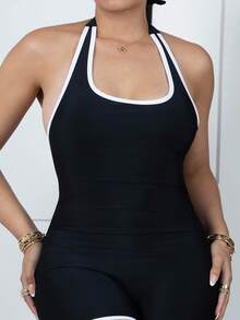 Melissa Matos 1 件装 女士休闲露背系带连体泳衣 夏季 - 黑與白 - 查看 3