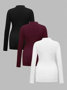 Modmama 3Pcs Maternity Autumn Clothes,Black And White Elegant Smart Casual Everyday Solid Stand Collar Long Sleeve Thermal Lined Fitted Pregnancy T-Shirt - Burgundy - View 15