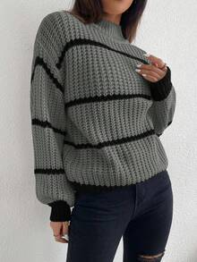 Celisse 女式宽松落肩条纹套头毛衣，秋冬休闲款 - 灰色 - 查看 5