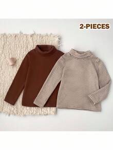 Loomiva 2 pièces/set Jeune garçon Pulls à col roulé à manches longues en tricot doux et rayé de couleurs - Tabac - Voir 1