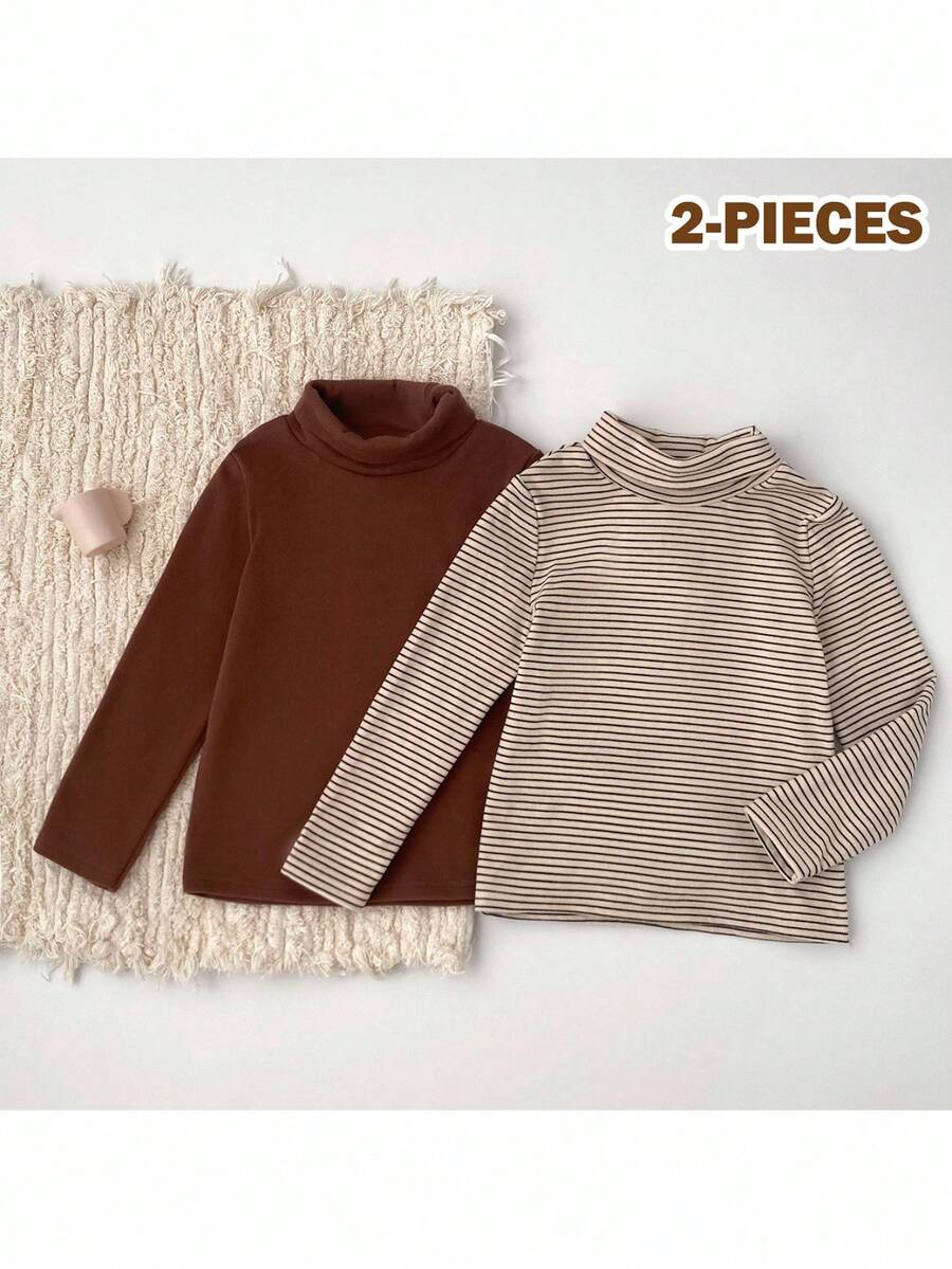 Loomiva 2 pièces/set Jeune garçon Pulls à col roulé à manches longues en tricot doux et rayé de couleurs - Tabac - Voir 1
