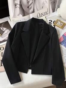 SHEIN 少女简约时尚翻领长袖短款纯色西装外套，四季百搭时尚外套 - 黑色 - 查看 1