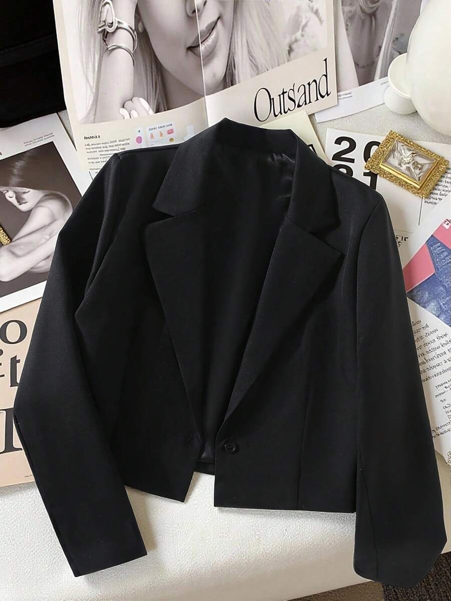 SHEIN 少女简约时尚翻领长袖短款纯色西装外套,四季百搭时尚外套 - 黑色 - 查看 1