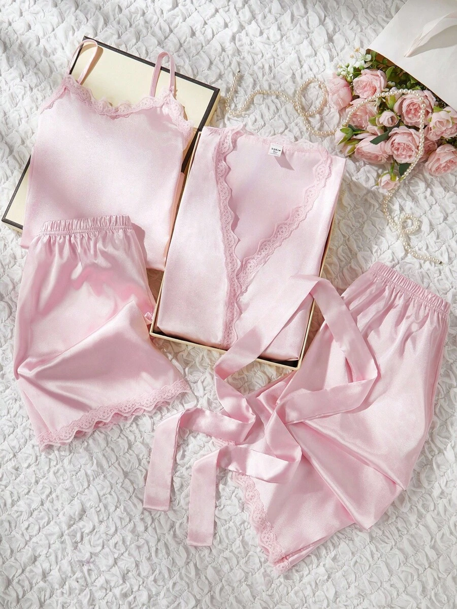 4件套少女简约休闲上衣、吊带背心、裤子、短裤睡衣套装，粉色 - 粉色 - 查看 1