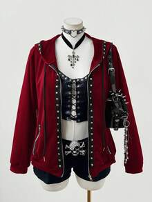 Sunspun Plus Size Fashionable Dark Punk Style Rivet Decor Hooded Long Sleeve Sweatshirt Jacket - Burgundy - View 5