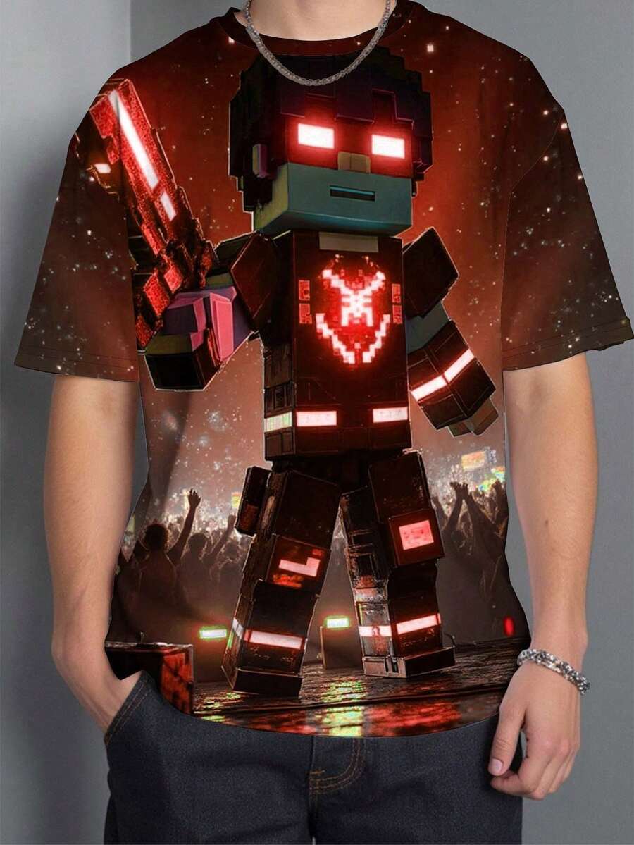 Áo thun nam cổ tròn tay ngắn in họa tiết hoạt hình Pixel Block Future Warrior thời trang, phong cách cổ điển, phù hợp cho mùa hè - Nhiều màu - Xem 1
