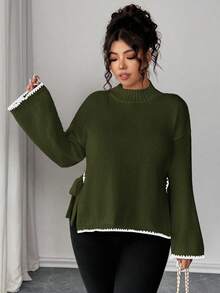 Elenzga Plus Size Casual Elegant Loose Colorblock Pullover Sweater - Army Green - View 3