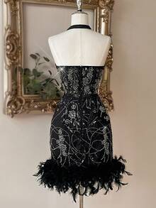 Lovelzi 优雅黑色迷人串珠亮片紧身胸衣腰部透明紧身下摆羽毛装饰连衣裙，适合约会、毕业典礼、婚礼、鸡尾酒会 - 黑色 - 查看 3