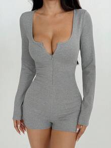 SHEIN Unity 1 bộ đồ liền thân bó sát dành cho nữ, vải gân xám, khóa kéo phía trước, thích hợp cho các môn thể thao ngoài trời, trang phục thường ngày, sử dụng ở nhà, mùa thu/đông - Xám - Xem 4