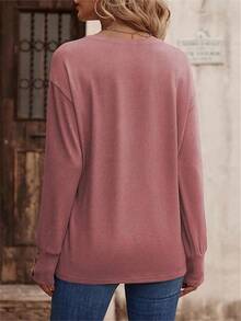 INAWLY Plus Size Women's Solid Color V-Neck Drop Shoulder Long Sleeve T-Shirt Fall Cloth For Women - Dusty Pink - View 2