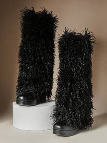 SHUZIA 魅力女士蓬松仿皮草方头粗跟靴温暖舒适冬季节日性感派对鞋 - 黑色 - 查看 7