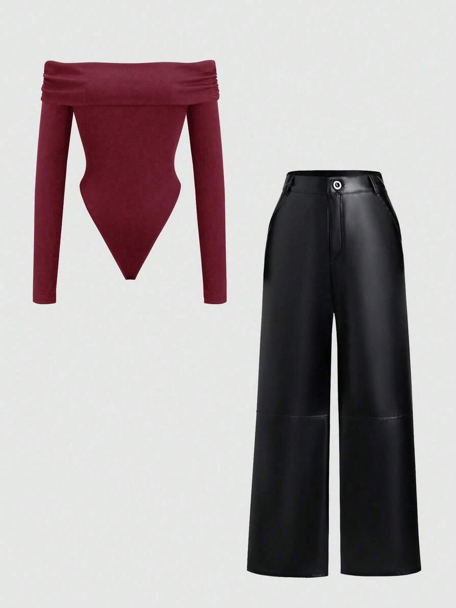 Sweetra 1 Set Off-Shoulder Long Sleeve Jumpsuit & PU Leather Casual Pants - Multicolor - View 1