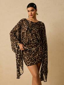 SHEIN VCAY 大码浪漫优雅豹纹系带长袖飘逸短款雪纺连衣裙 - 棕色 - 查看 1