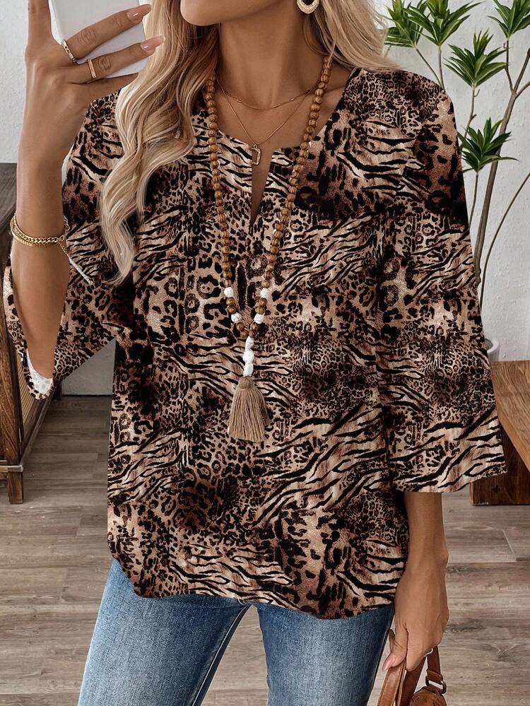 Women's 3/4 Sleeve V-Neck Work Blouse, Spring/Autumn Brown Blouses