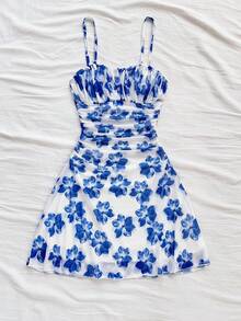 Soleia Váy ngắn hai dây họa tiết hoa màu hồng xếp ly xuân/hè mới, đi biển, phong cách miền Tây, lễ hội, trang phục mùa hè, phong cách Bohemian - Xanh và trắng - Xem 3