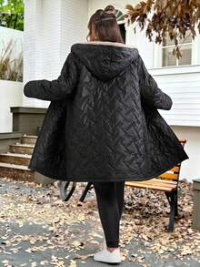 SHEIN CURVE+ Veste d'hiver casual à capuche avec doublure chaude pour femmes grande taille, convient pour l'hiver, vêtements en coton pour femmes grande taille - Noir - View 2