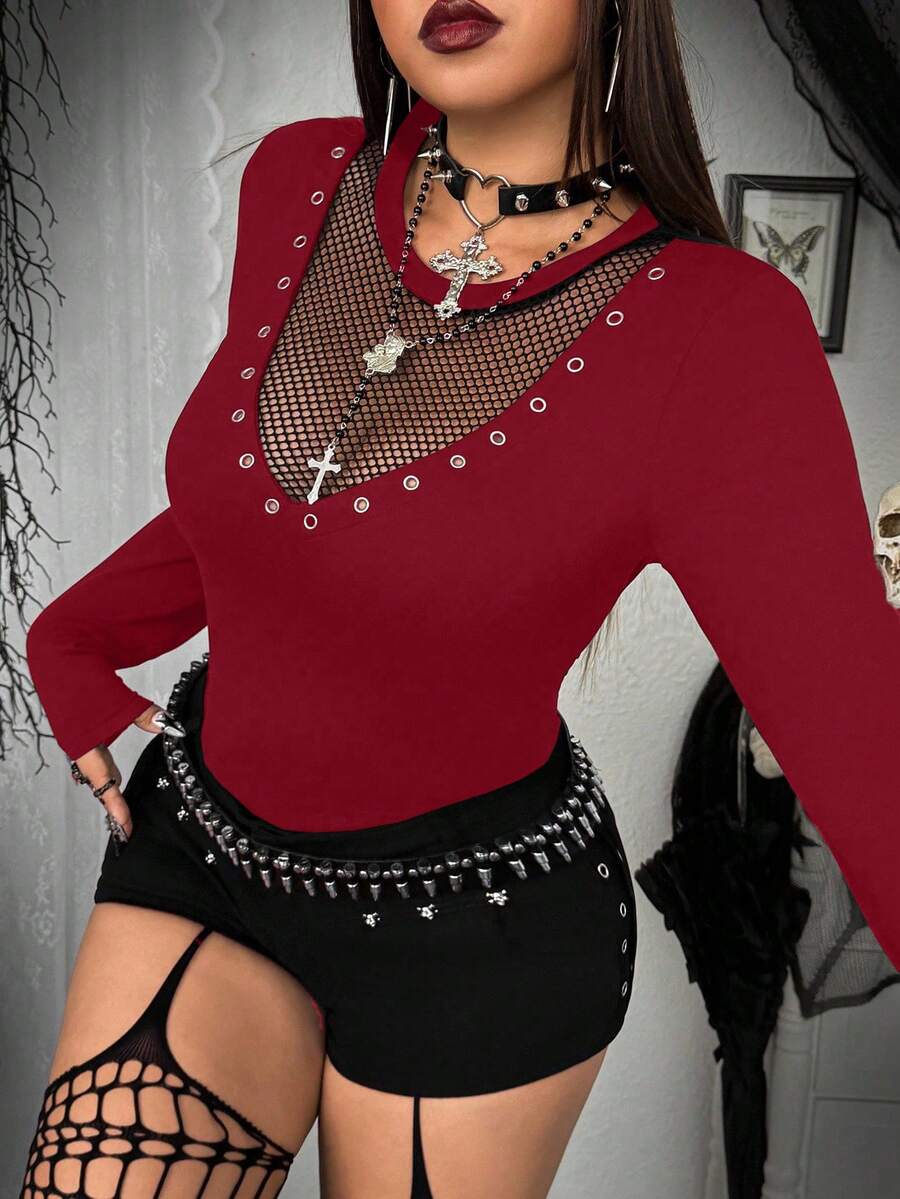 Whyspr 全新性感镂空面料拼布设计圆领长袖 T 恤，修身显瘦，适合女士 - 酒紅色 - 查看 1