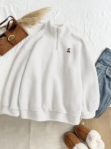 SHEIN EZwear Plus Size Cherry Logo Solid Color Applique Zip-Up Long Sleeve Sherpa Sweatshirt, Autumn/Winter Fall Cute Sweatshirt Women Sweaters Embroidered Sweatshirt Zip Up Sweater White Sweatshirt
