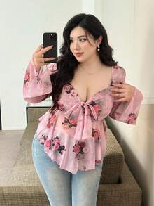 Vionelle 大码女式花卉印花系带修身休闲长袖T恤