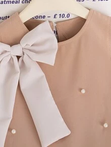 SHEIN Elladie kids 年轻女孩夏季新款仿珍珠蝴蝶结无袖A字褶边下摆法式时尚优雅公主裙 - 卡其色 - 查看 8