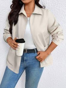EMERY ROSE Jaket Kasual Nyaman Berbahan Bulu Halus dengan Lapisan Termal Warna Kontras, Ukuran Plus untuk Wanita, Cocok untuk Musim Gugur/Dingin - Aprikot - View 5