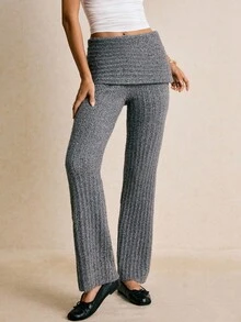 Poéselle Women's Casual Fold-Over Waist Ribbed Knit Pants,Gray Knit Foldover Waist Wide Leg Pants – Comfy High Waisted Sweater Trousers For Women, Y2K Fall 2025,Foldover Waist Knit Pants,Cute Fall Clothes,Grey Ribbed Trousers,Fall Sweater Pants