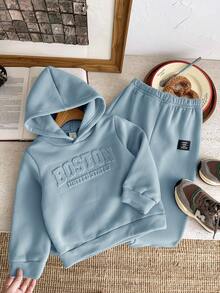 2pcs/Set Young Boy Casual Korean Style Loose Fit Letter Graphic Hoodie Sweatshirt And Elastic Waist Pants Set, Suitable For Autumn, Spring, Outdoor Play, School, Street Style, Party And Leisure,Thanksgiving,Christmas,Winter,Winter Clothes,Cozy Fall & Winter Styles,Hoodie - Baby Blue - View 5