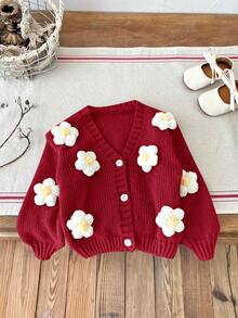 SHEIN LMoss Kids LMoss Baby Girl Cute Floral 3D Knit Long Sleeve Cardigan, Autumn Winter