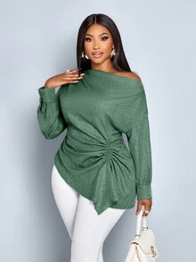 SOLERSUN Áo cánh thời trang nữ cỡ lớn mùa thu đông màu trơn cổ bất đối xứng tay dài dây rút bên hông nhún bèo, viền bất đối xứng vải dệt màu xanh lam dùng để mua sắm và hẹn hò, màu xanh lá cây - màu xanh lá - Xem 1