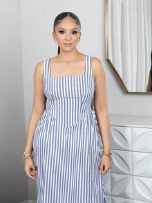 Melissa Matos 女式条纹印花方领无袖中长夏季连衣裙 - 藏蓝色 - 查看 6