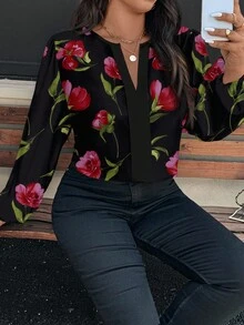 SHEIN Clasi Camisa de manga larga con estampado floral elegante y casual, adecuada para atuendos de primavera y otoño de talla grande