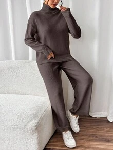 SHEIN 2件套休闲纯色立领毛衣和针织裤，秋冬 - 棕色 - 查看 3