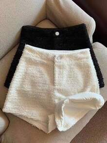 Resyla 2件套女式新款休闲纹理粗花呢面料阔腿短裤