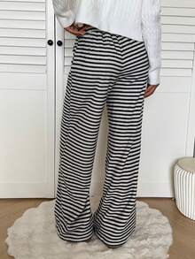 Aloruh Pantalones largos casuales de mujer con rayas y nudo delantero - Blanco y Negro - Ver 2