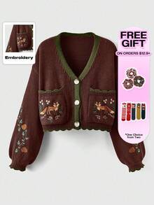 ROMWE Fairycore 女式V领落肩长袖休闲狐狸刺绣针织开衫，秋冬 - 棕色 - 查看 6