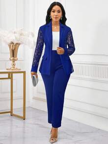 SHEIN Lady 2025新款四季钴蓝色西装套装蕾丝拼接西装套装女士西服套装秋冬装女装 - 寶藍色 - 查看 5
