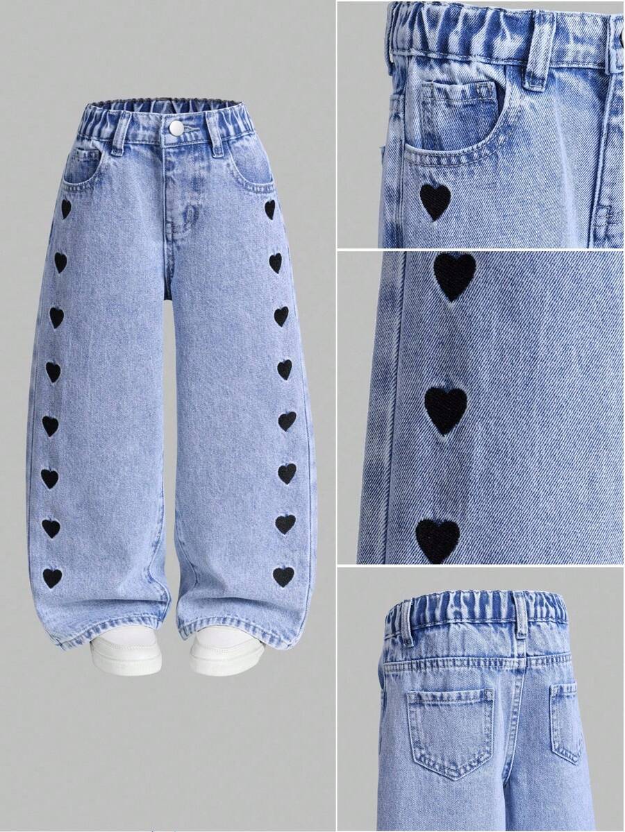 SHEIN ChillGRL Girls' Washed Light Blue & Dark Blue Heart Embroidery Denim Jeans, Loose Straight Leg, Comfortable & Versatile, Suitable For Spring, Summer, Autumn, Winter, Holidays And Casual Outings Fall - Light Wash - View 1