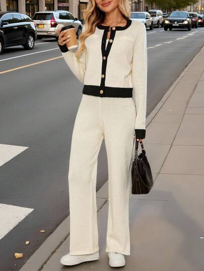 EMERY ROSE 女士休闲纽扣长袖上衣和裤子针织两件套秋冬女装