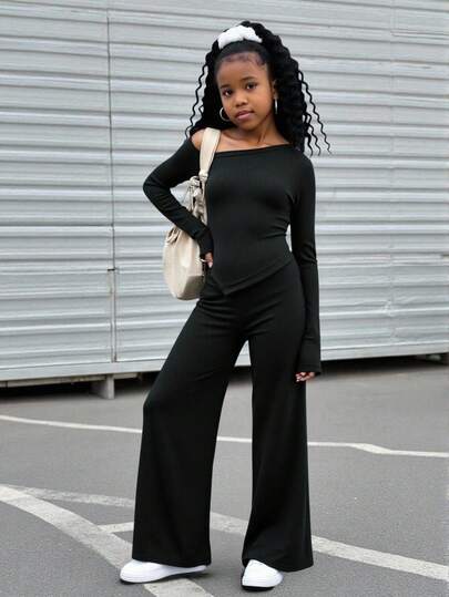 SHEIN Explorewe Set de 2 piezas: Top de manga larga ajustado con hombros oblicuos acanalados + Pantalones rectos para niñas preadolescentes