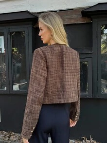 Elyressa Women's Elegant Cropped Tweed Jacket For Commuting - Coffee Brown - View 2