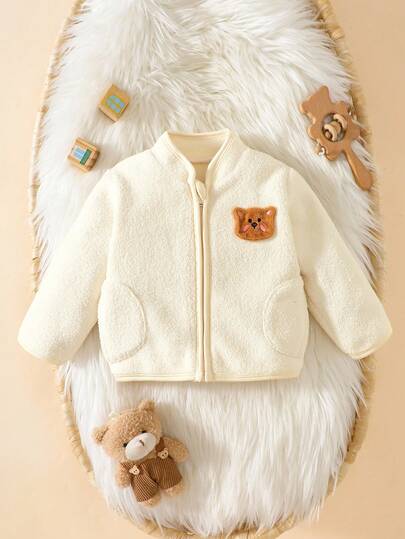 SHEIN 新生婴儿可爱3D熊图案柔软舒适夹克，秋冬