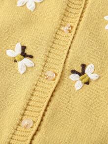 SHEIN Baby Girls Cardigans Knitted Long Sleeve Open Front Sweater, Suitable For Autumn/Winter, Light Yellow, Versatile For Daily Wear, Hand-Embroidered Design, Stylish And Elegant, Suitable For Daily, Home, Outdoor, Travel, And School Fall - Yellow - View 5
