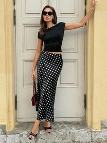 SHEIN Tall Elegant Commuting Polka Dot Satin Long Skirt - Black - View 1