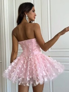 SHEIN BAE 可爱性感3D蝴蝶装饰泡泡袖连衣裙 - 粉色 - 查看 2