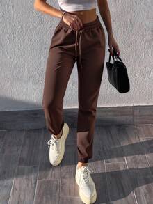 RueChic Drawstring Waist Side Pocket Joggers/pants - Coffee Brown - View 4