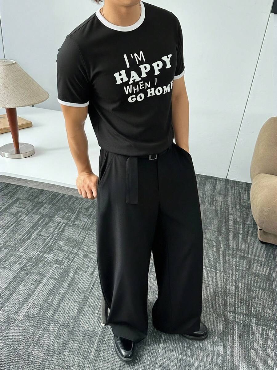 Manfinity BRENVOR 男士休闲针织印花圆领T恤,适合夏季 - 黑色 - 查看 1