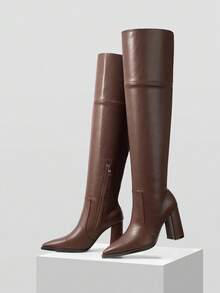 MOTF 时尚尖头粗跟过膝靴，适合约会和派对 - 棕色 - 查看 9