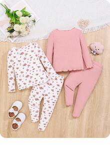女宝宝休闲针织花卉印花长袖上衣和裤子 4 件套 - 藕粉色 - 查看 2