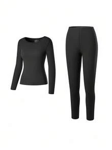 LUVLETTE Plus Women's Thermal Underwear Ultra-Soft Base Layer Cold Weather Warm Winter PJ Set Round Neck Top And Long Bottoms - Black Lightweight And Warm Set Pajama Sets